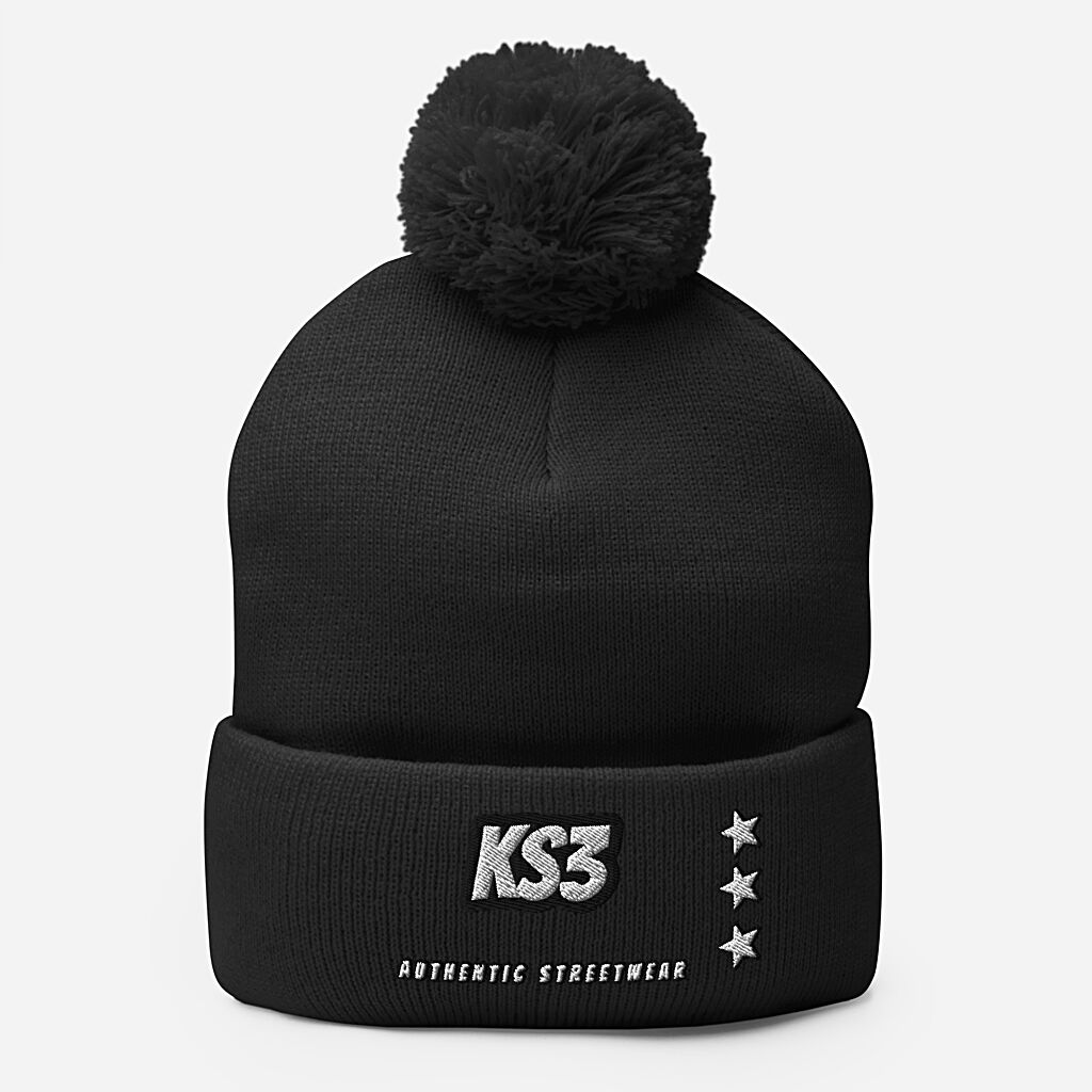 KS3 Embroidered Pom-Pom Beanie | Black