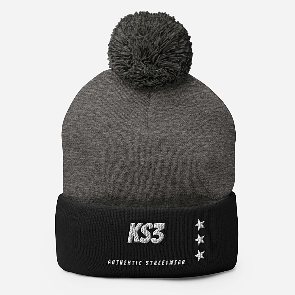 KS3 Embroidered Pom-Pom Beanie | Heather Grey/ Black