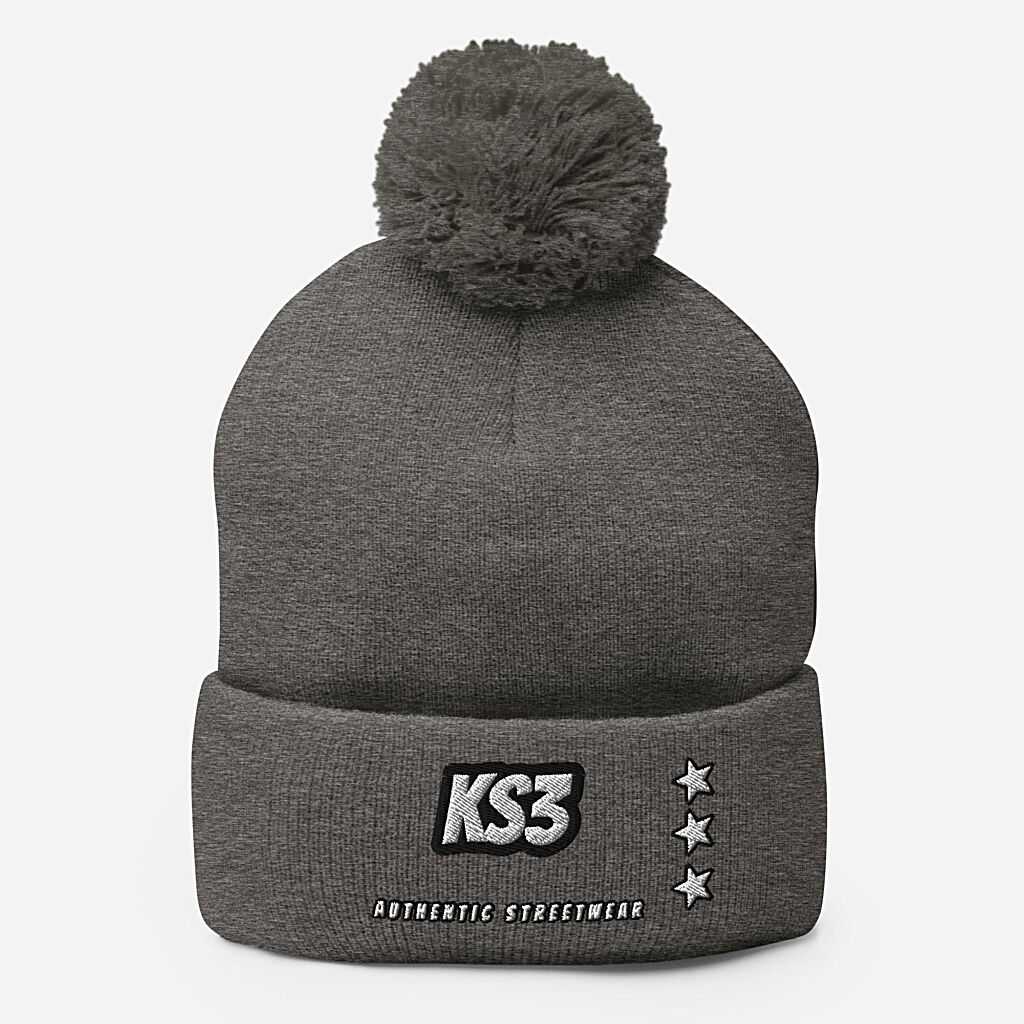KS3 Embroidered Pom-Pom Beanie | Heather Grey