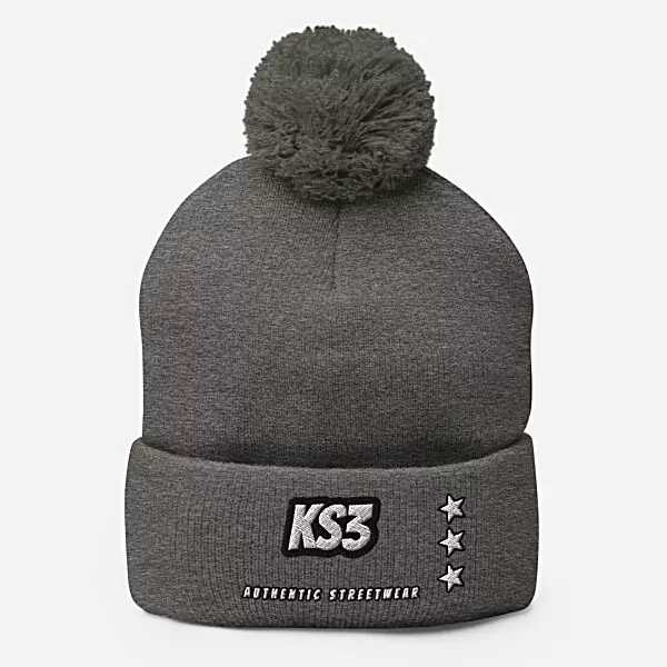 KS3 Embroidered Pom-Pom Beanie | Heather Grey
