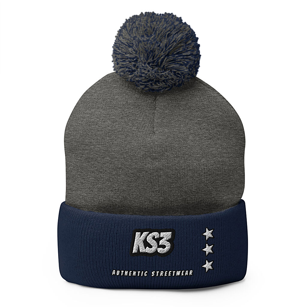 KS3 Embroidered Pom-Pom Beanie | Heather Grey/ Navy
