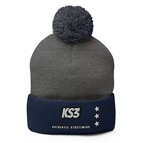 KS3 Embroidered Pom-Pom Beanie | Heather Grey/ Navy