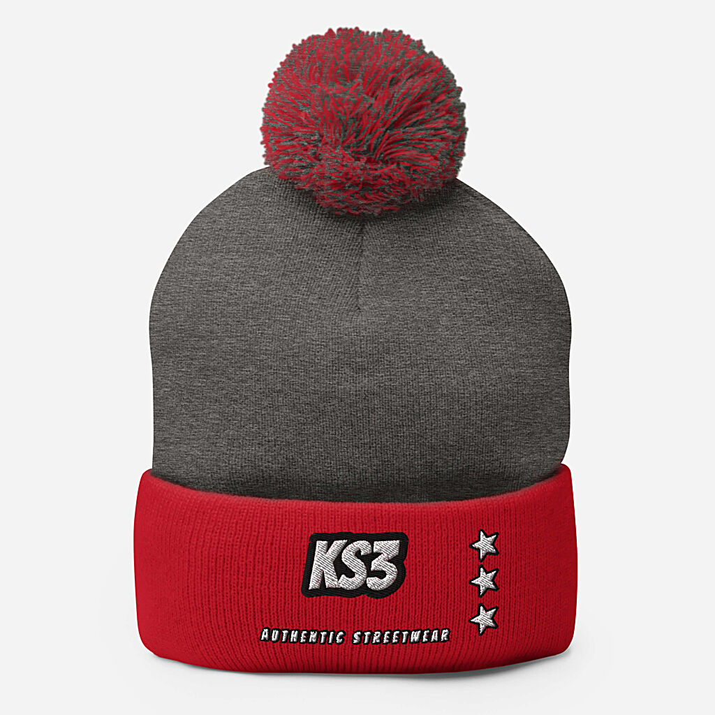KS3 Embroidered Pom-Pom Beanie | Heather Grey/ Red