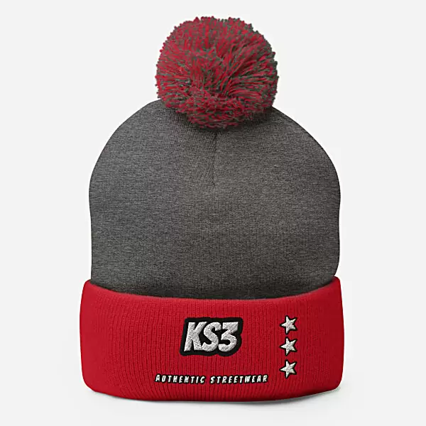 KS3 Embroidered Pom-Pom Beanie | Heather Grey/ Red