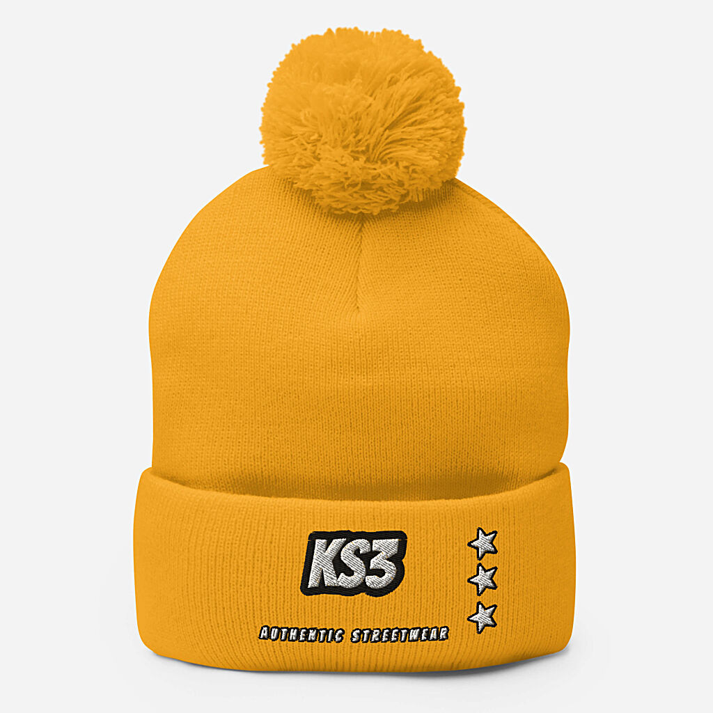 KS3 Embroidered Pom-Pom Beanie | Gold