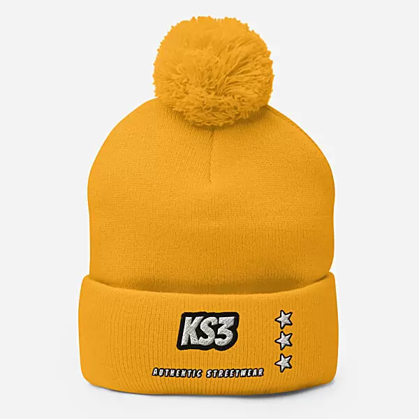 KS3 Embroidered Pom-Pom Beanie | Gold