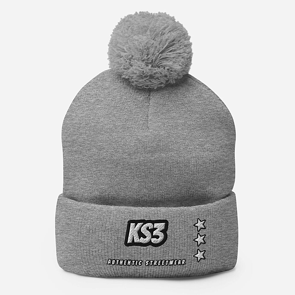 KS3 Embroidered Pom-Pom Beanie | Light Grey