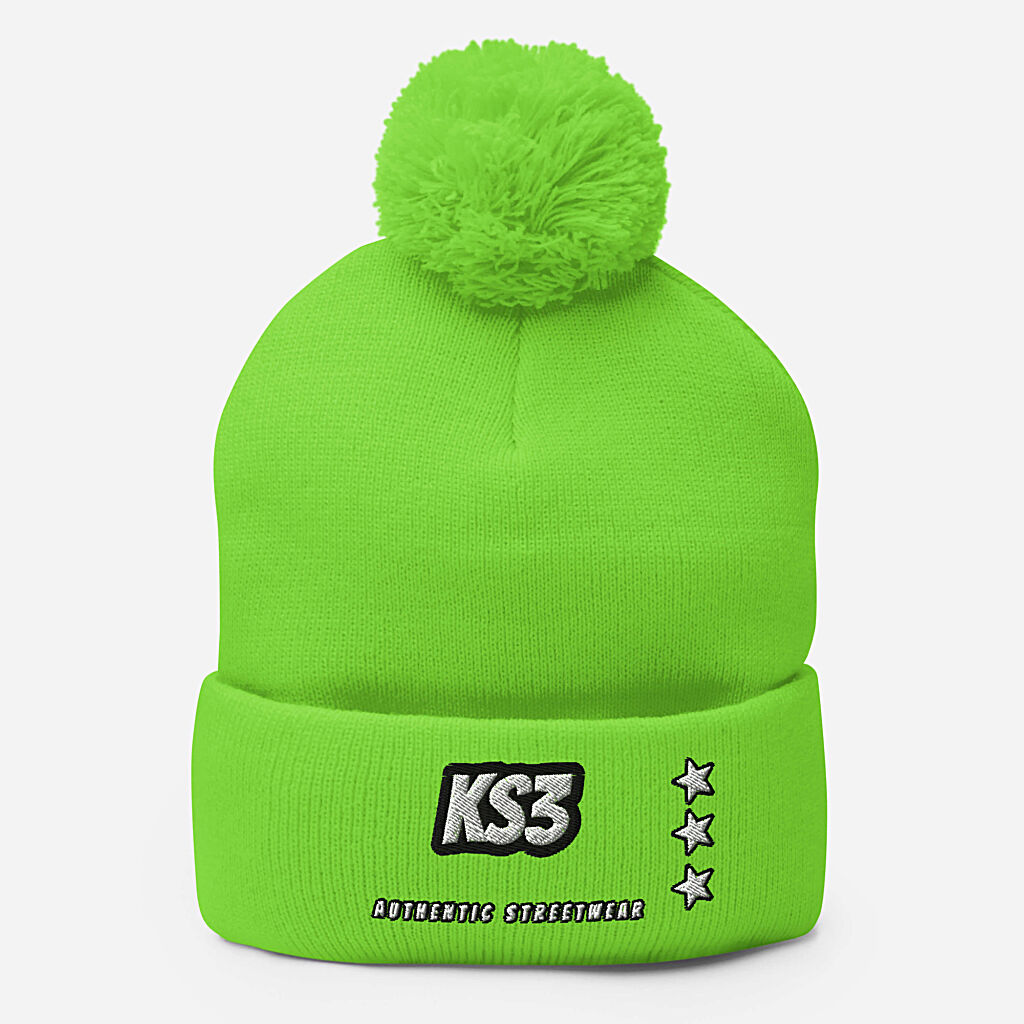 KS3 Embroidered Pom-Pom Beanie | Neon Green
