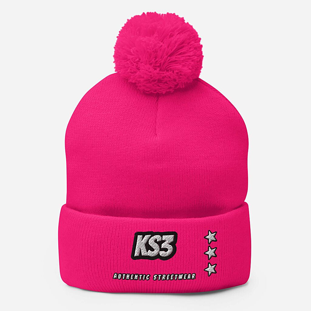 KS3 Embroidered Pom-Pom Beanie | Neon Pink