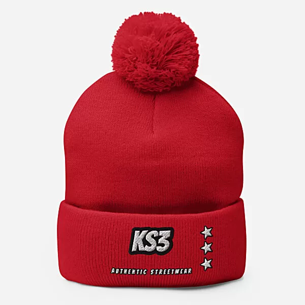 KS3 Embroidered Pom-Pom Beanie | Red