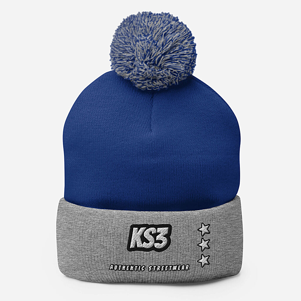 KS3 Embroidered Pom-Pom Beanie | Royal Blue/ Grey