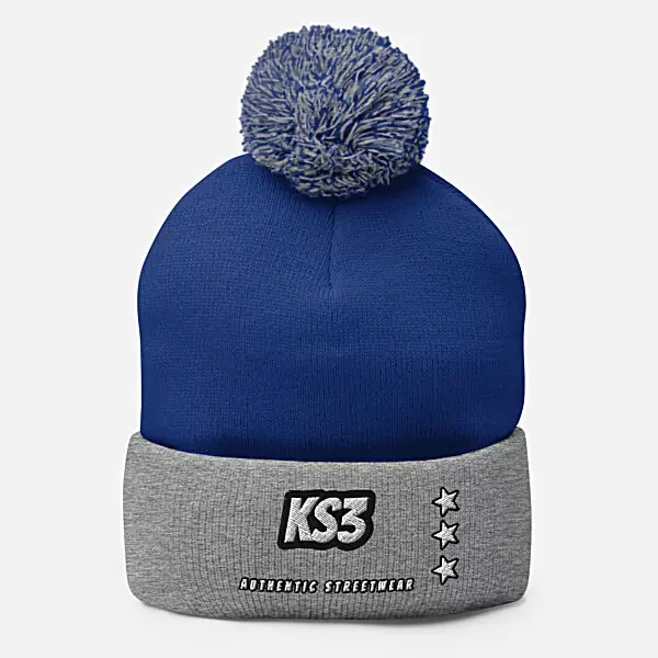 KS3 Embroidered Pom-Pom Beanie | Royal Blue/ Grey