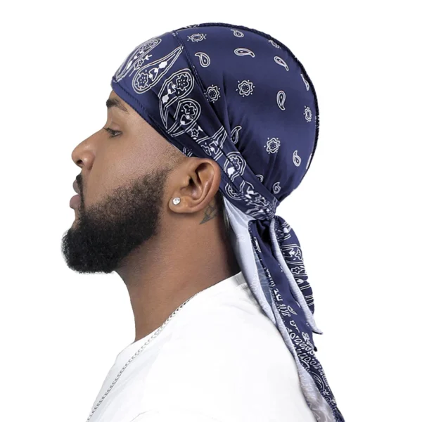 Navy Paisley Printed Polyester Fat-Lace Du-rag | DuRag | Doo-Rag
