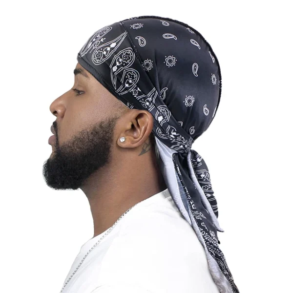 Black Paisley Printed Polyester Fat-Lace Du-rag | DuRag | Doo-Rag