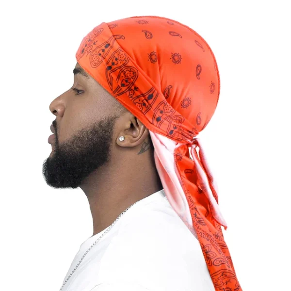 Orange Paisley Printed Polyester Fat-Lace Du-rag | DuRag | Doo-Rag