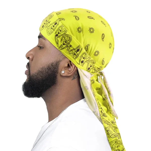 Yellow Paisley Printed Polyester Fat-Lace Du-rag | DuRag | Doo-Rag