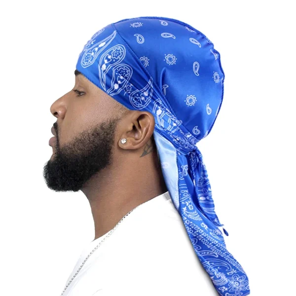 Royal Blue Paisley Printed Polyester Fat-Lace Du-rag | DuRag | Doo-Rag