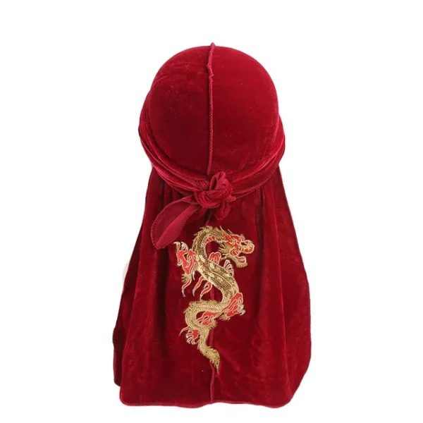 Red Chinese Dragon Fat-Lace Velvet Du-Rag
