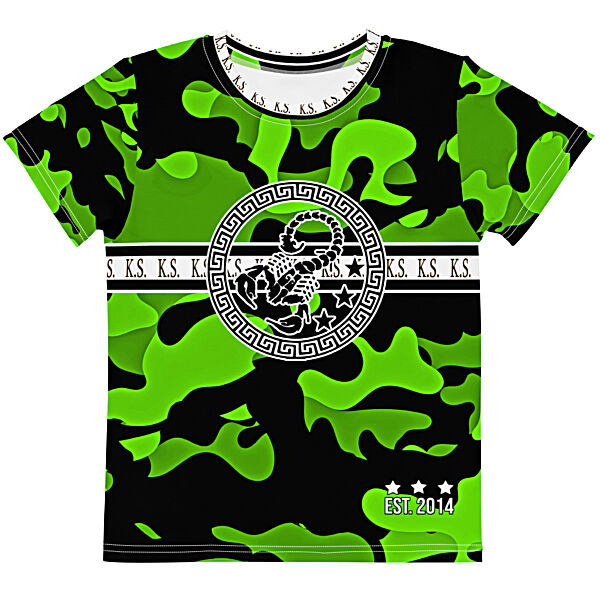 King Scorpion 360 Kids Crew Neck T-Shirt | Green/Black Camo 2T-7