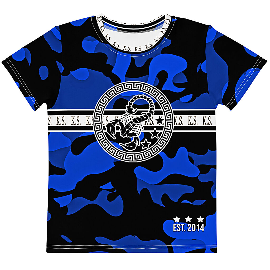 King Scorpion 360 Kids Crew Neck T-Shirt | Blue/Black Camo | 2T-7