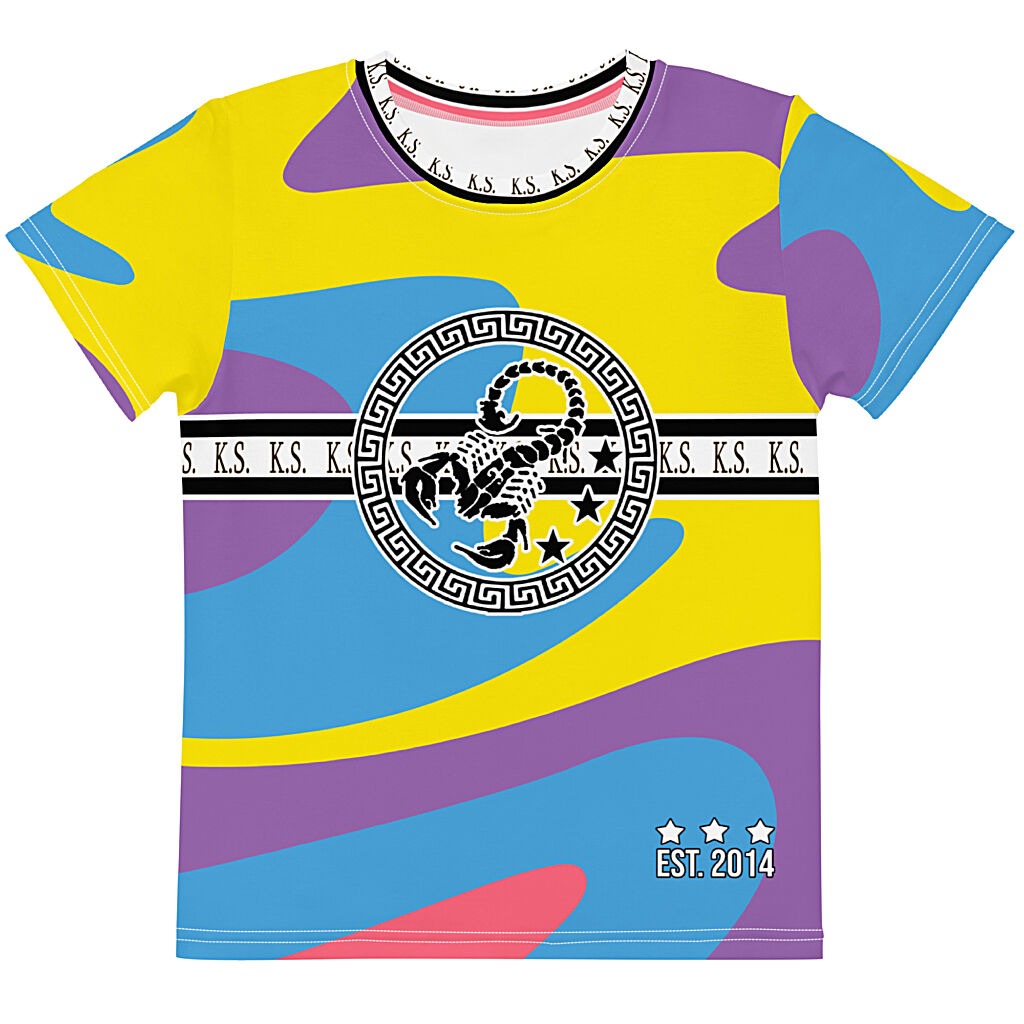 King Scorpion 360 Kids Crew Neck T-Shirt | Bright Abstract Camo 02
