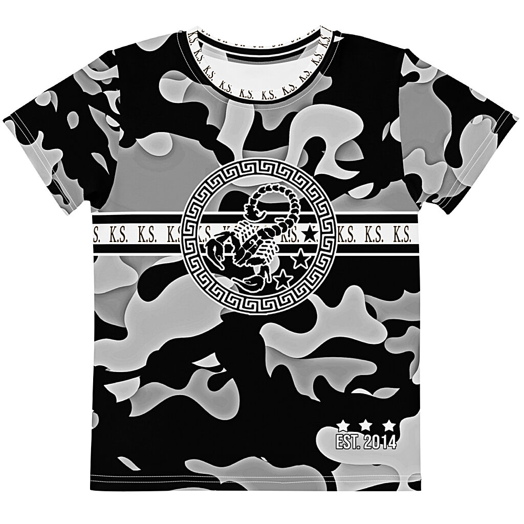 King Scorpion 360 Kids Crew Neck T-Shirt | Grey/Black Camo 2T-7