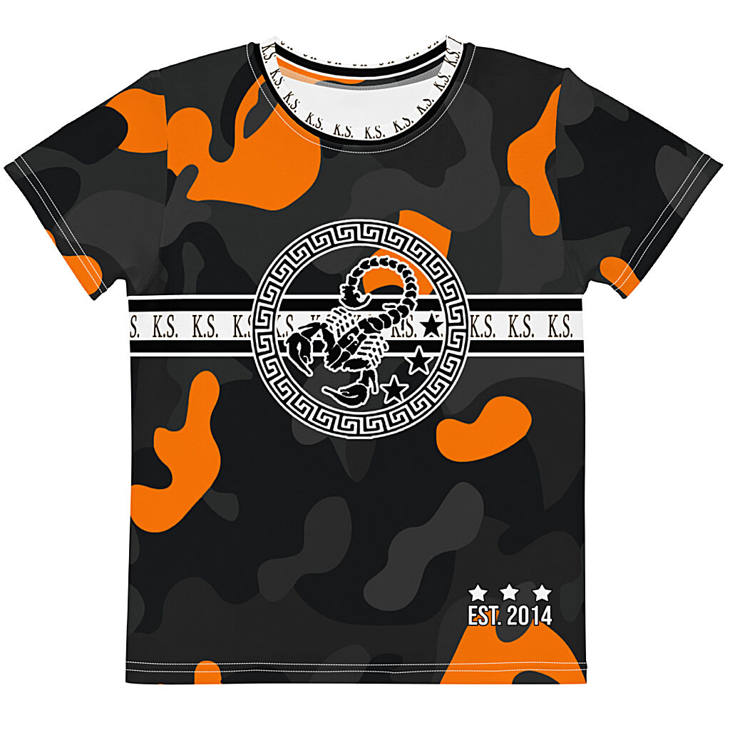 King Scorpion 360 Kids Crew Neck T-Shirt | Orange/Black Camo 2T-7