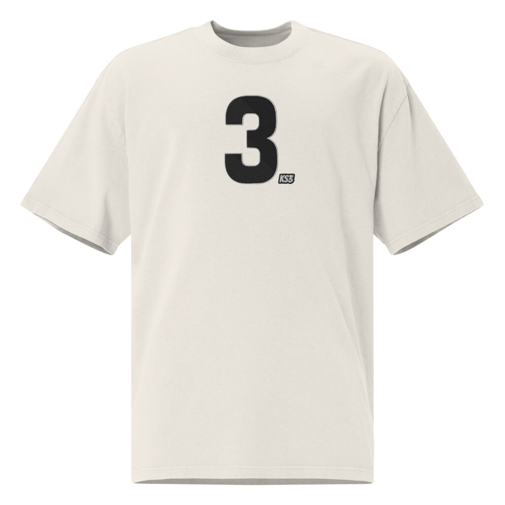 KS3 | Oversized Faded Embroidered T-Shirt | Faded Bone/ Black "3"