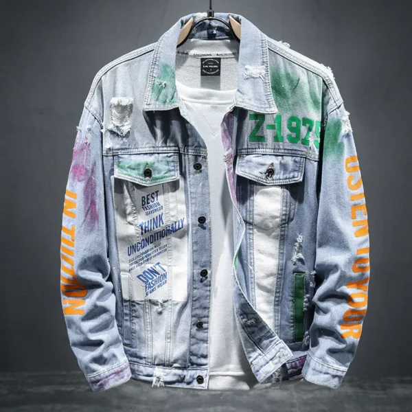 Men's Graffiti Stone Washed Ripped Distressed Denim Jacket | Size XL - 5XL