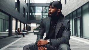 African American manwearing a durag for 360 waves. well dress