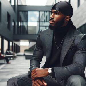 African American manwearing a durag for 360 waves. well dress