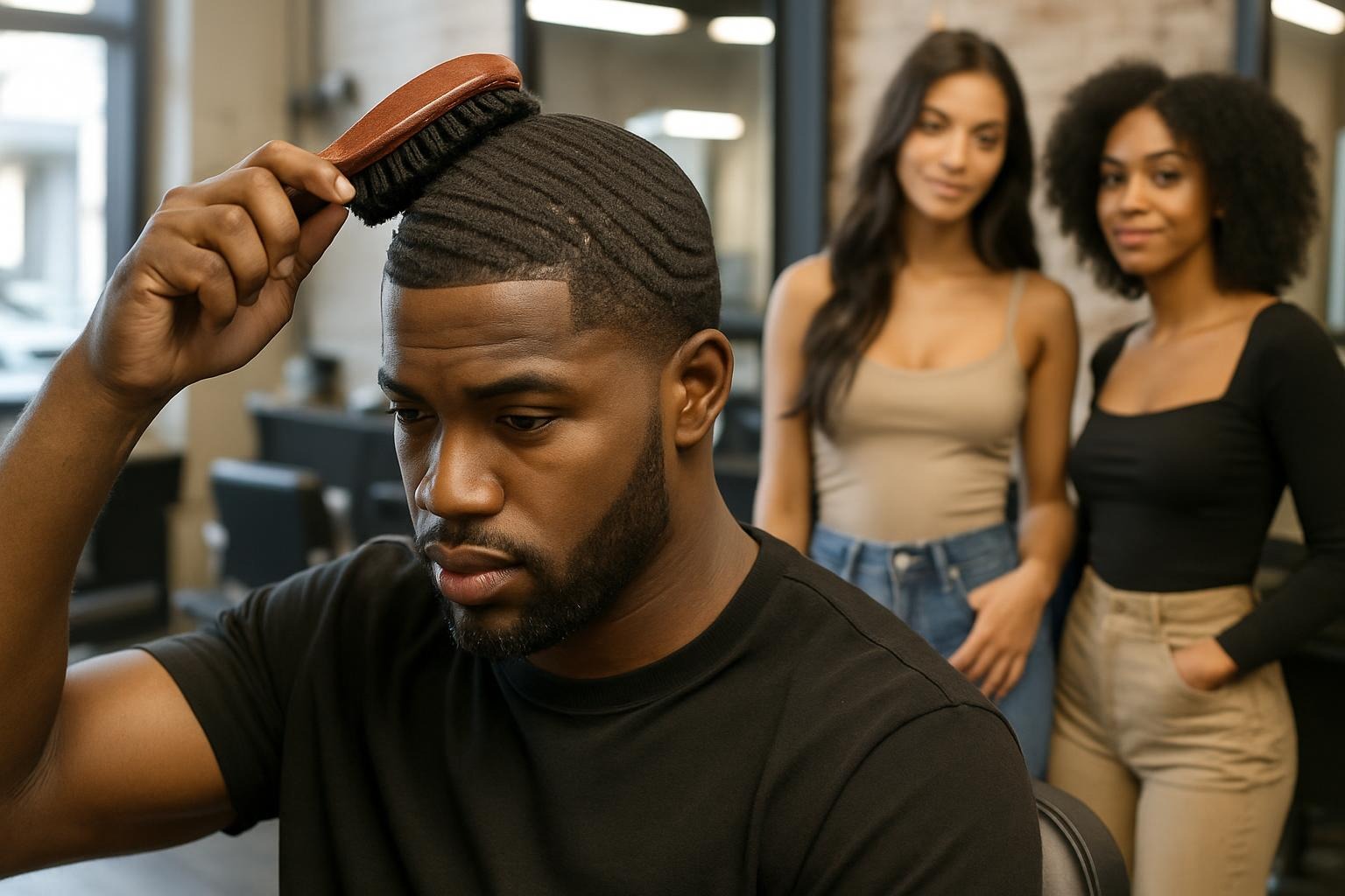 A black man with thick plus 360 waves, brushing his 360 waves, waits in a barbershop. with two fine women watching from a distance.
