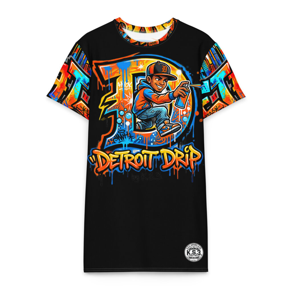 2X-6XL Detroit Drip Heavyweight Cotton Graffiti T-Shirt Dress | CD0012#