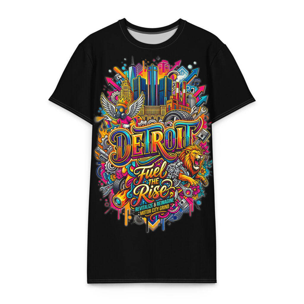 2XL-6XL Black Detroit Heavyweight Cotton Graffiti T-Shirt Dress | 2X-6XL- CD0015#