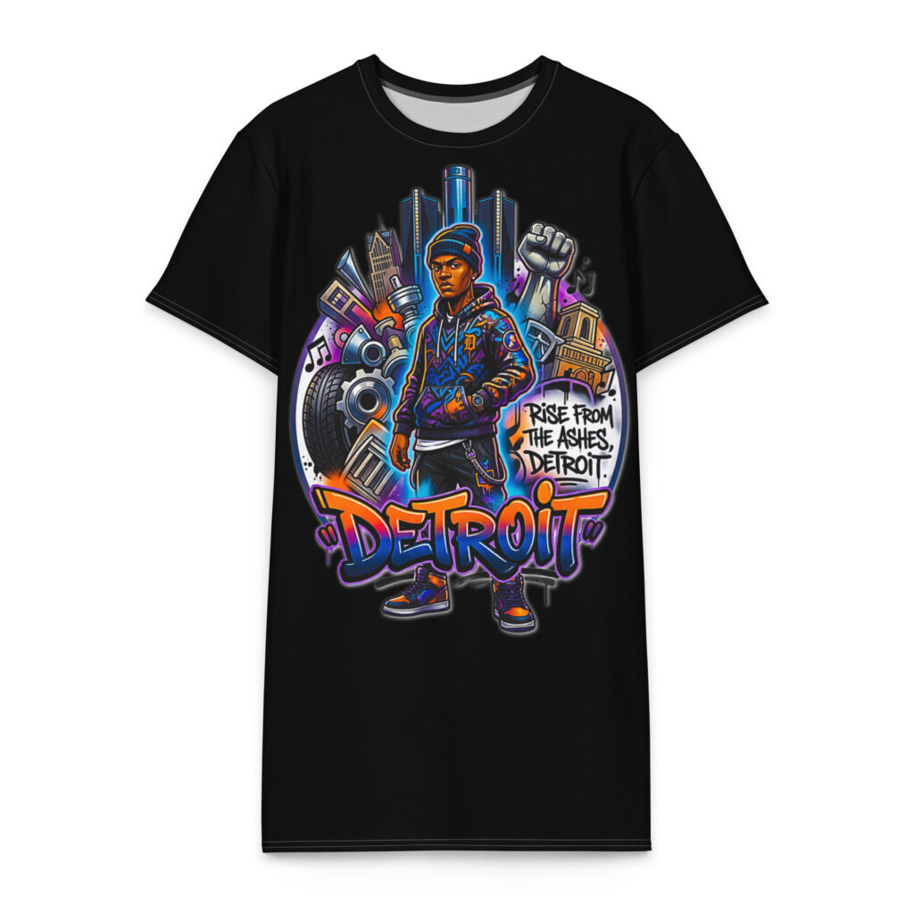 2XL-6XL Detroit Drip Black Graffiti Heavyweight T-Shirt Dress - CD0016#