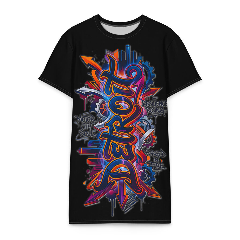 2XL-6XL Black Detroit Heavyweight Cotton Graffiti T-Shirt Dress - CD0017#