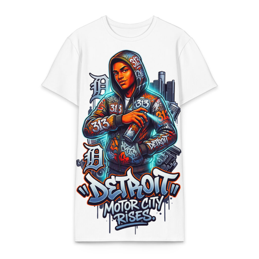2XL-6XL White Detroit Heavyweight Cotton Graffiti T-Shirt Dress | - CD0019#