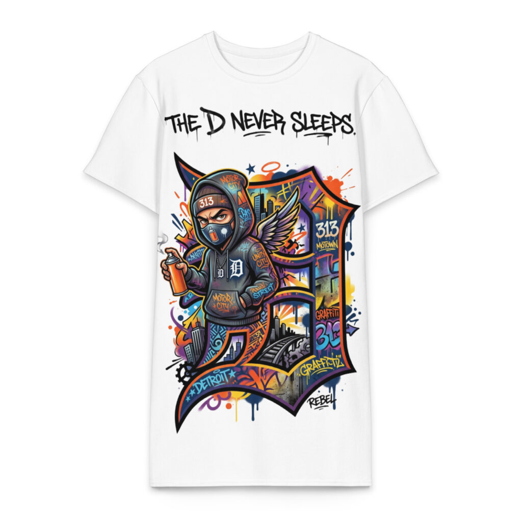 2X-6XL White Detroit Heavyweight Cotton Graffiti T-Shirt Dress | CD0029#