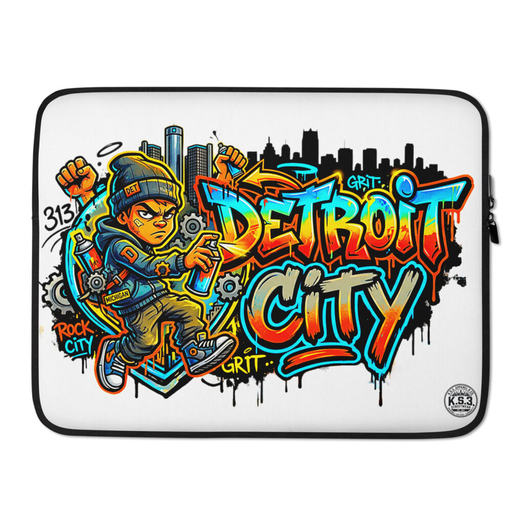 White Detroit Drip Graffiti Art Laptop Sleeve – #LTS-0047