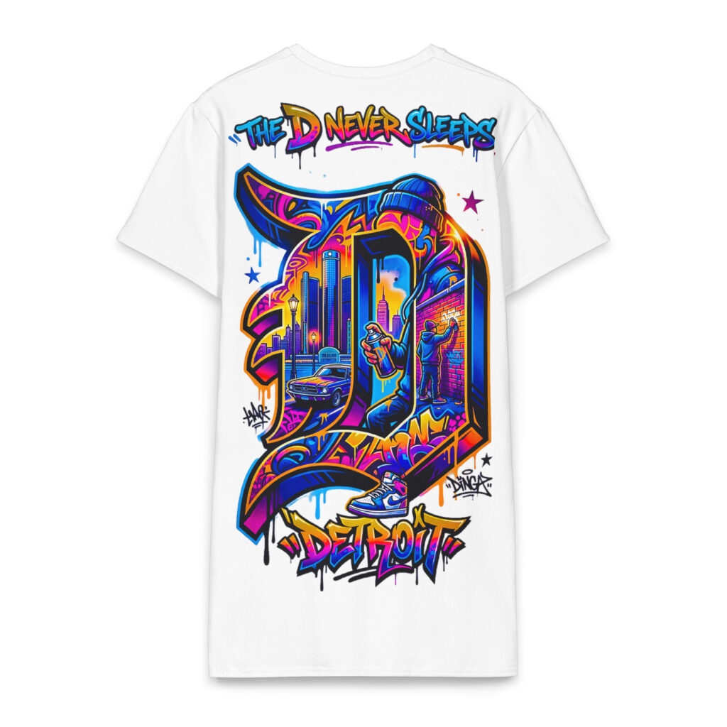2XL-6XL White Detroit Drip Heavyweight Cotton Graffiti T-Shirt Dress | 2X-6XL- CD0017#