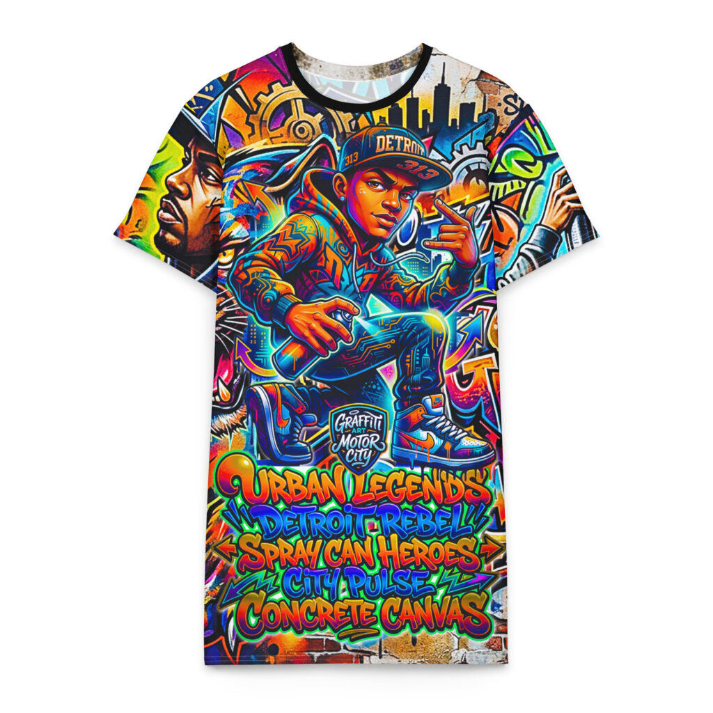 2X-6XL Detroit Drip Heavyweight Cotton Graffiti T-Shirt Dress | CD0024#