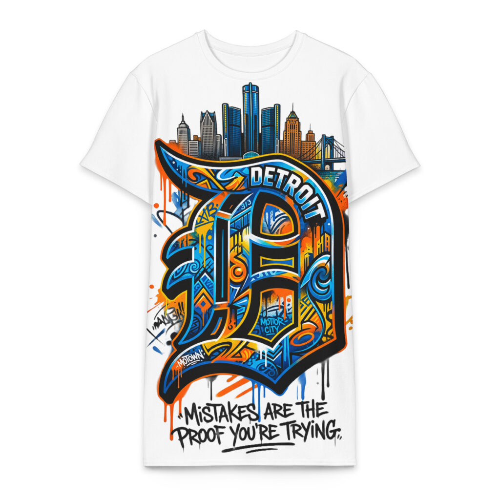 2X-6XL White Detroit Heavyweight Cotton Graffiti T-Shirt Dress | CD0030#
