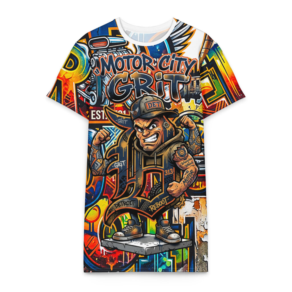 2X-6XL Detroit Drip Heavyweight Cotton Graffiti T-Shirt Dress | CD0028#