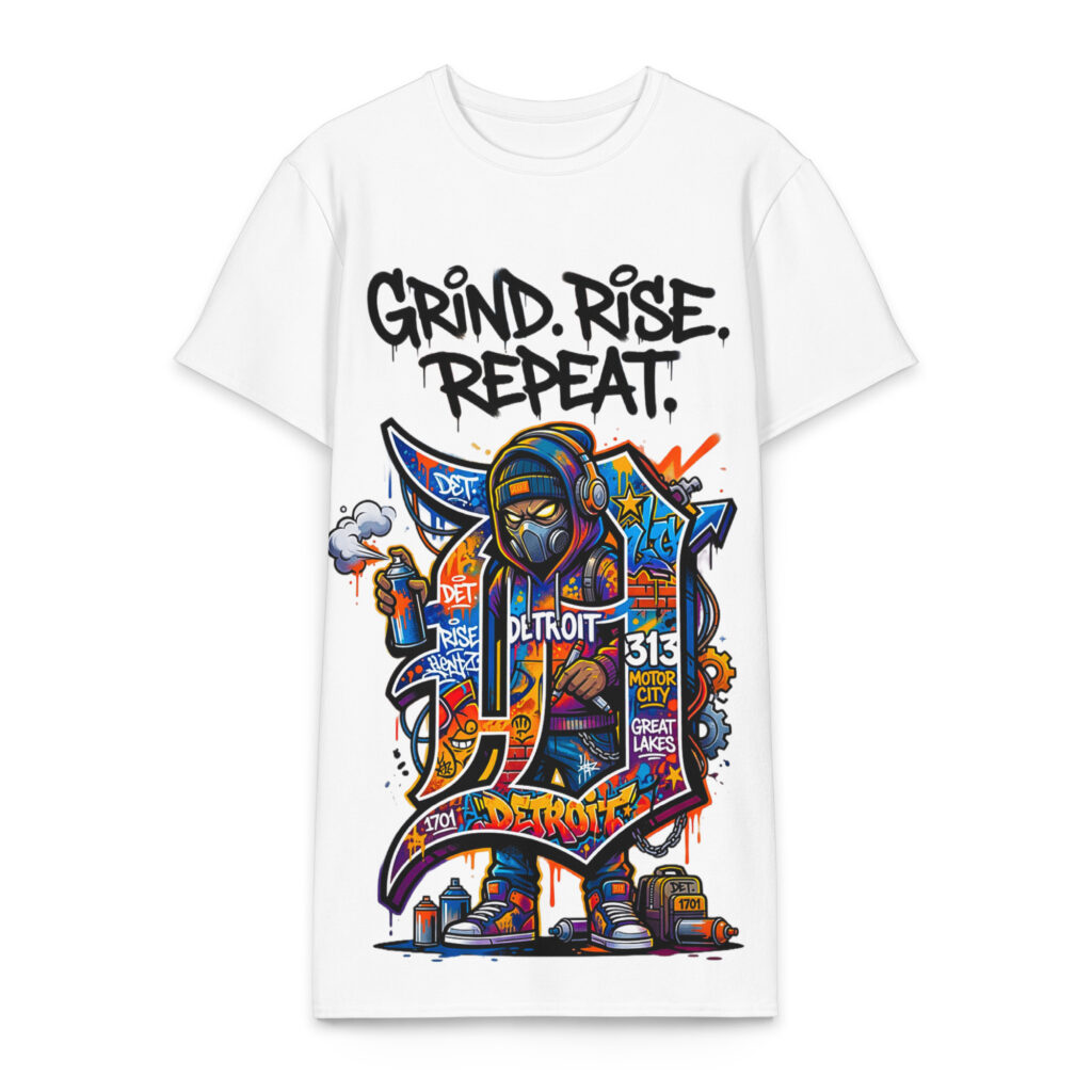 2X-6XL White Detroit Heavyweight Cotton Graffiti T-Shirt Dress | CD0032#