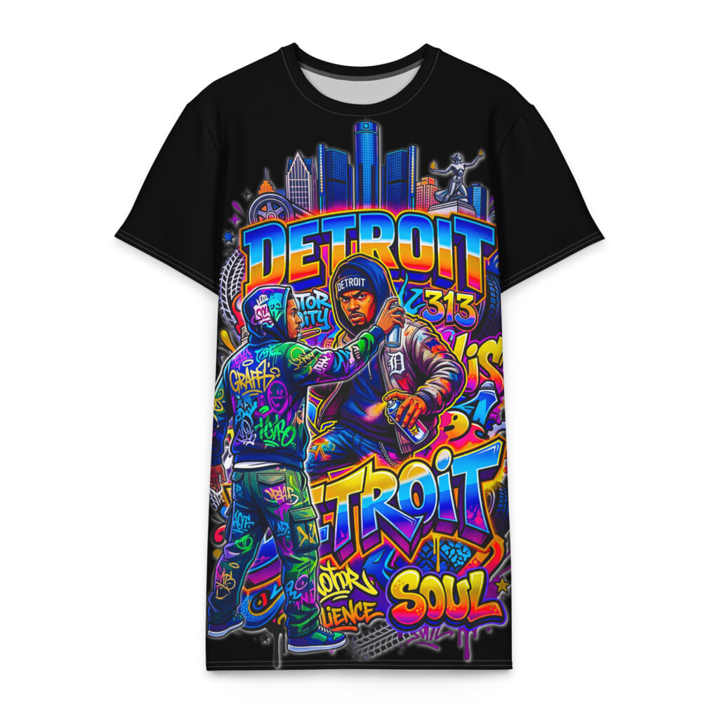2XL-6XL Black Detroit Drip Heavyweight Cotton Graffiti T-Shirt Dress | 2X-6XL- CD0018#
