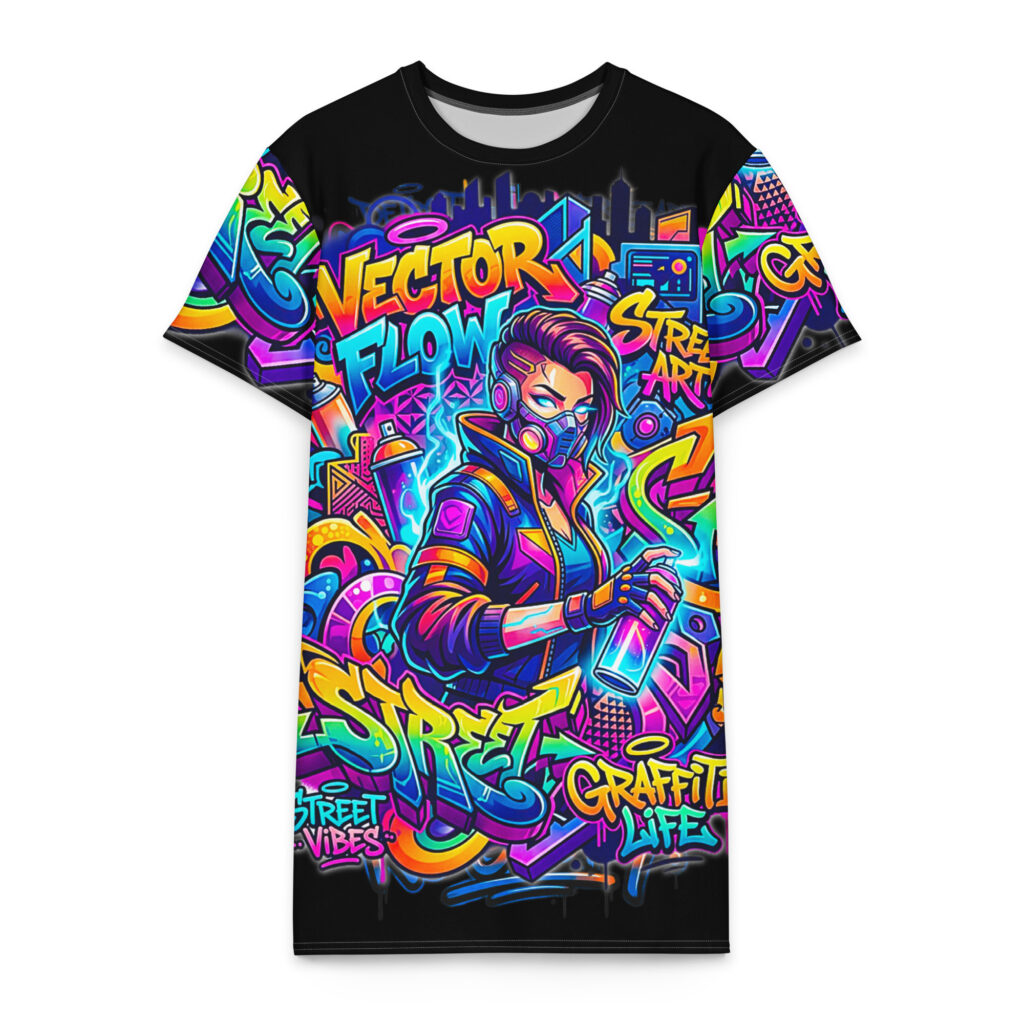 2X-6XL Black Detroit Heavyweight Cotton Graffiti T-Shirt Dress | CD0037#