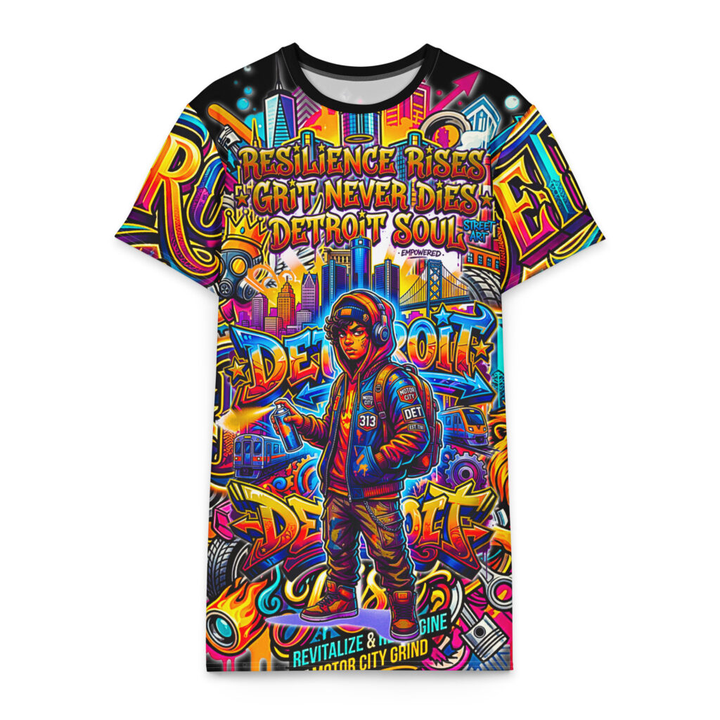 2X-6XL Detroit Drip Heavyweight Cotton Graffiti T-Shirt Dress | CD0041#