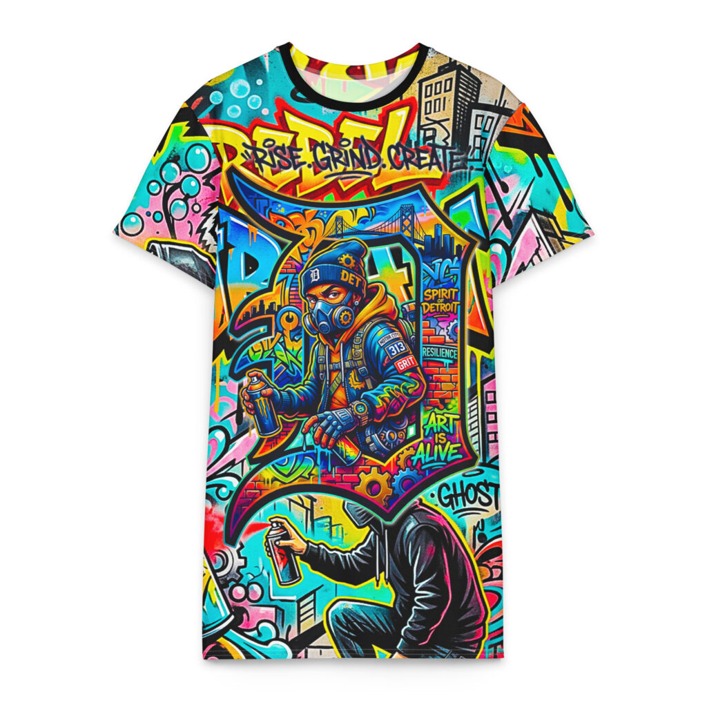 2X-6XL Detroit Drip Heavyweight Cotton Graffiti T-Shirt Dress | CD0026#