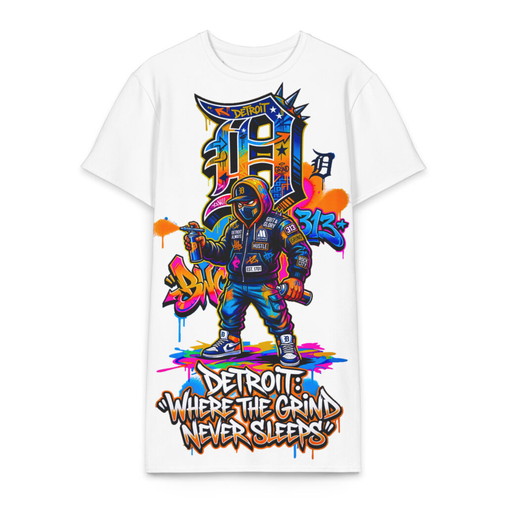 2X-6XL White Detroit Heavyweight Cotton Graffiti T-Shirt Dress | CD0036#