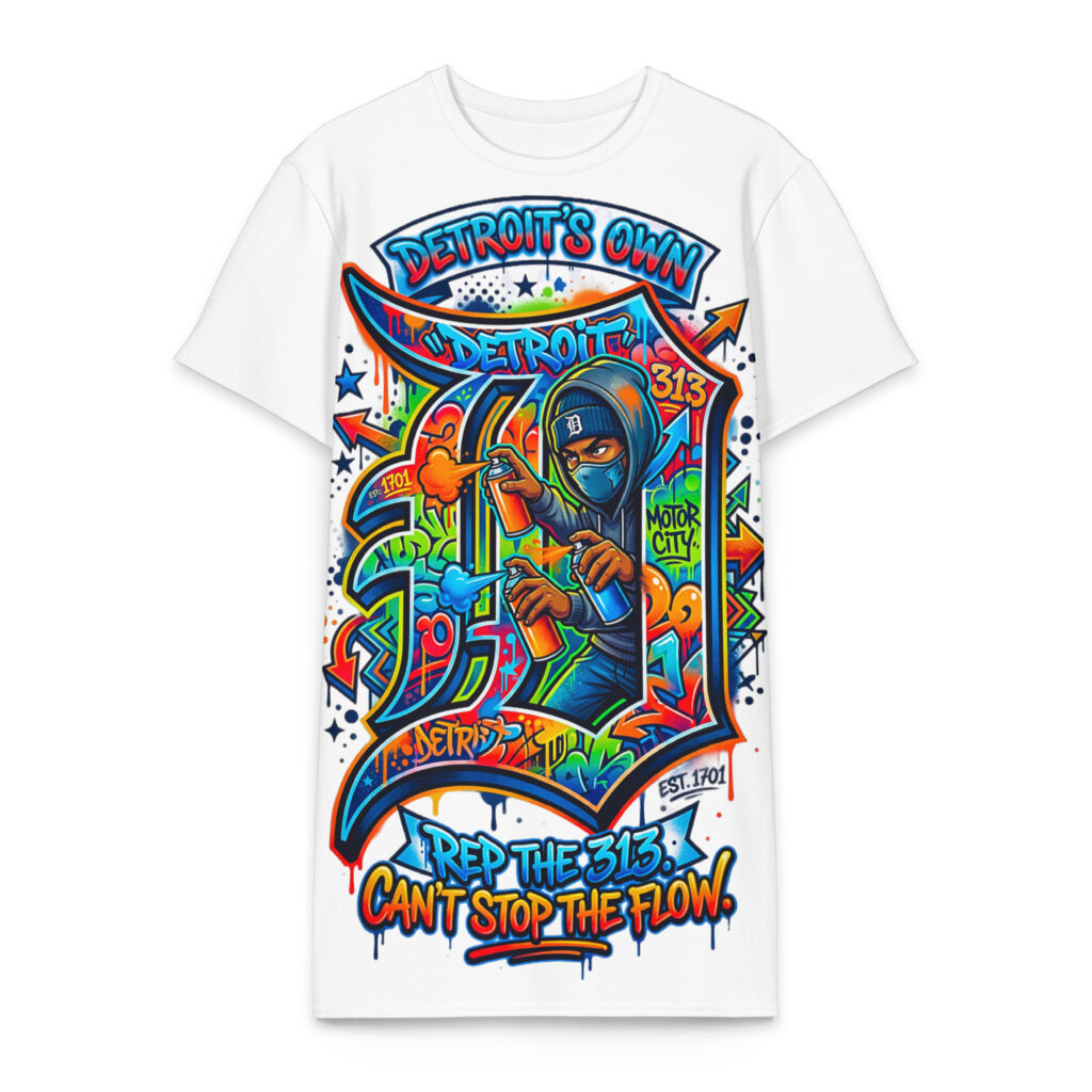 2X-6XL White Detroit Heavyweight Cotton Graffiti T-Shirt Dress | CD0038#